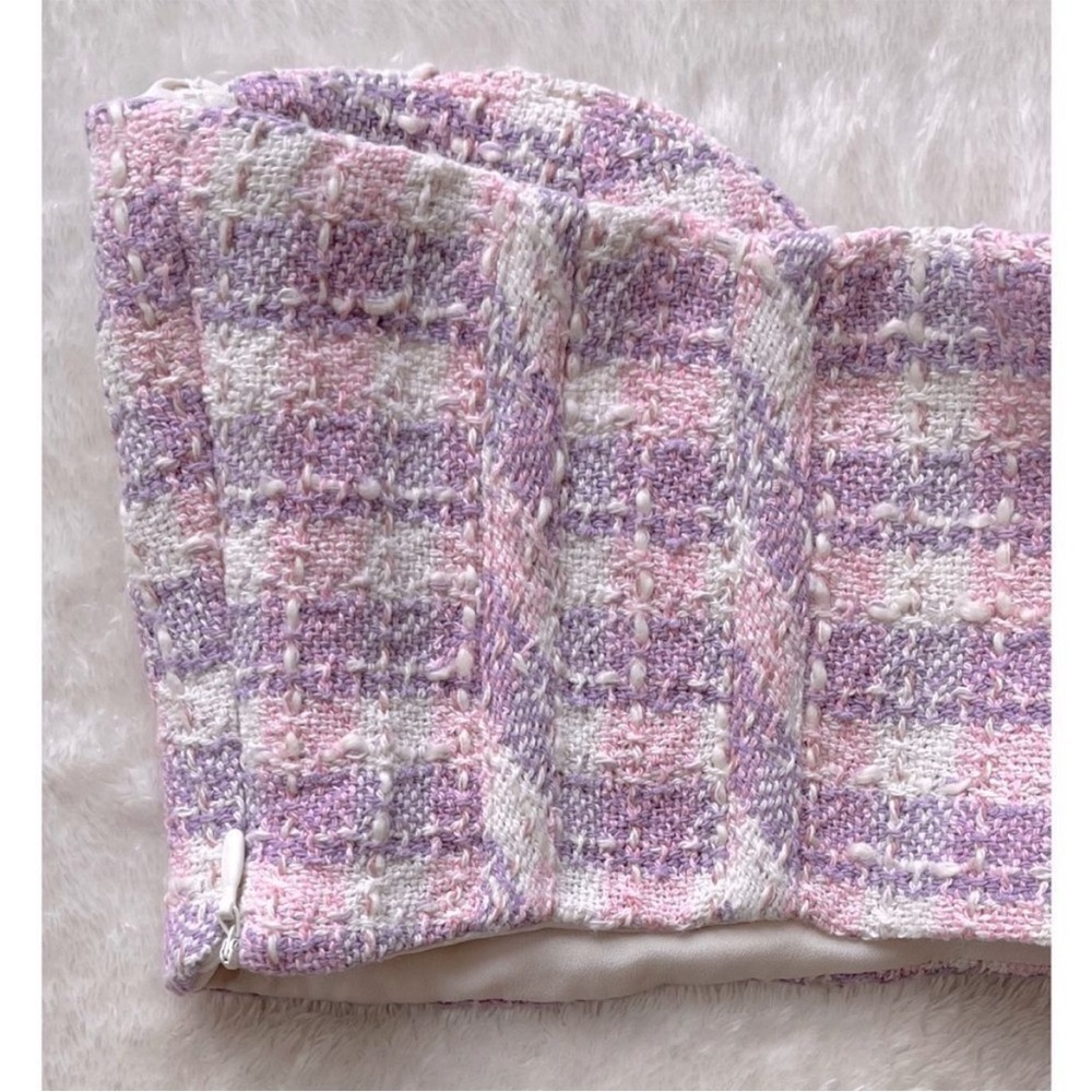 Zara Tweed Bustier Crop Purple Pink Gingham Strapless Corset Top Women’s Small - Picture 5 of 6